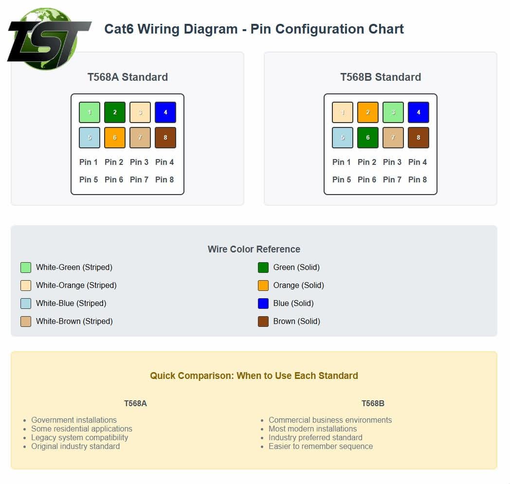 Side-by-side cat 6 wiring diagram showing pin configuration for T568A and T568B standards with color-coded wire reference and usage guide.