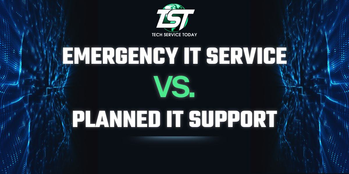 Graphic comparing Emergency IT Service vs. Planned IT Support with bold title and tech themed background.