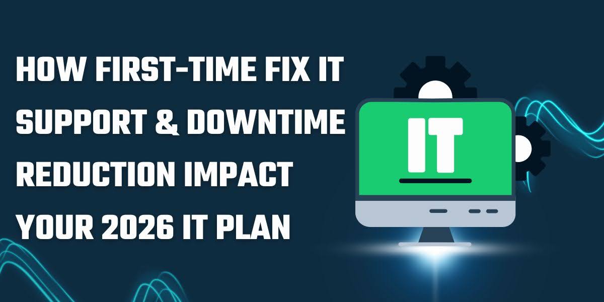 Graphic showing a computer with gears highlighting how first-time fix IT support improves uptime and influences IT planning.